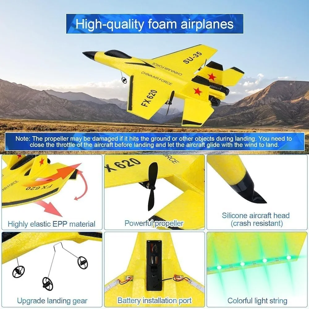 هواپیمای کنترلی TOY GARDEN SU-27 | هواپیمای کنترل از راه دور 2.4 گیگاهرتز 2 کاناله با ژیروسکوپ، چراغ های شب، بادوام و پرواز آسان برای بزرگسالان و مبتدیان - برای کودکان، زرد، قرمز، آبی (زرد)