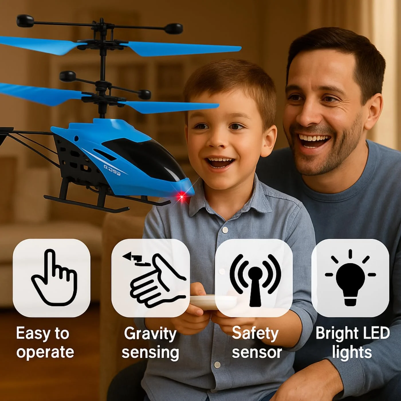 هلیکوپتر پروازی کنترلی با قابلیت بازی دو در یک، هلیکوپتر با سنسور جاذبه و شارژ، نور سه بعدی و سنسور ایمنی، هلیکوپتر برای کودکان بالای 4 سال - بسته 1 عددی (آبی)