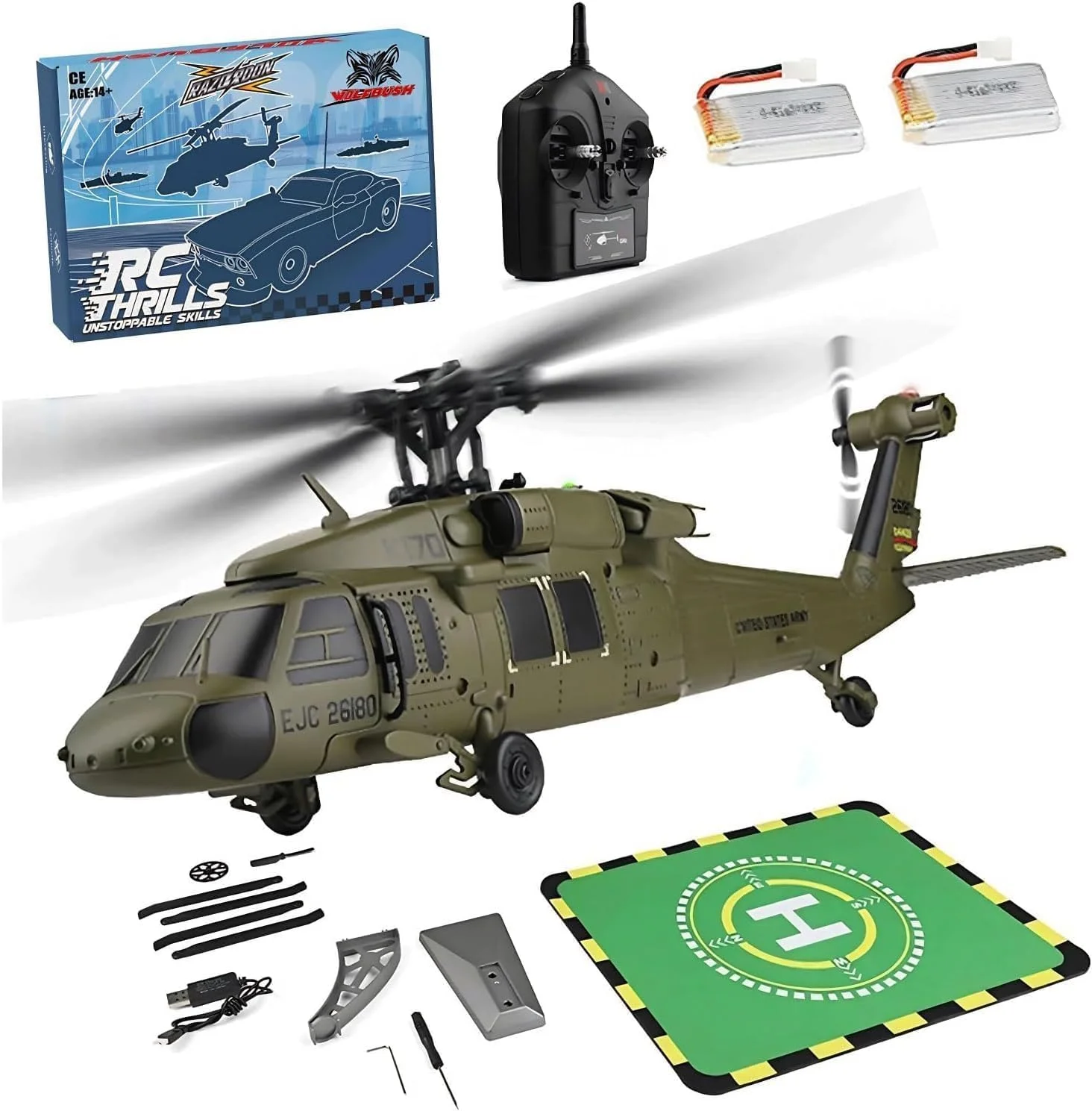 هلیکوپتر کنترلی WL K170 UH-60L، هلیکوپتر 4 کاناله 2.4G با ژیروسکوپ بدون فلایبار، هواپیمای نظامی با موتور براشلس، هلیکوپتر بدلکاری 6G/3D برای بزرگسالان (2 باتری)