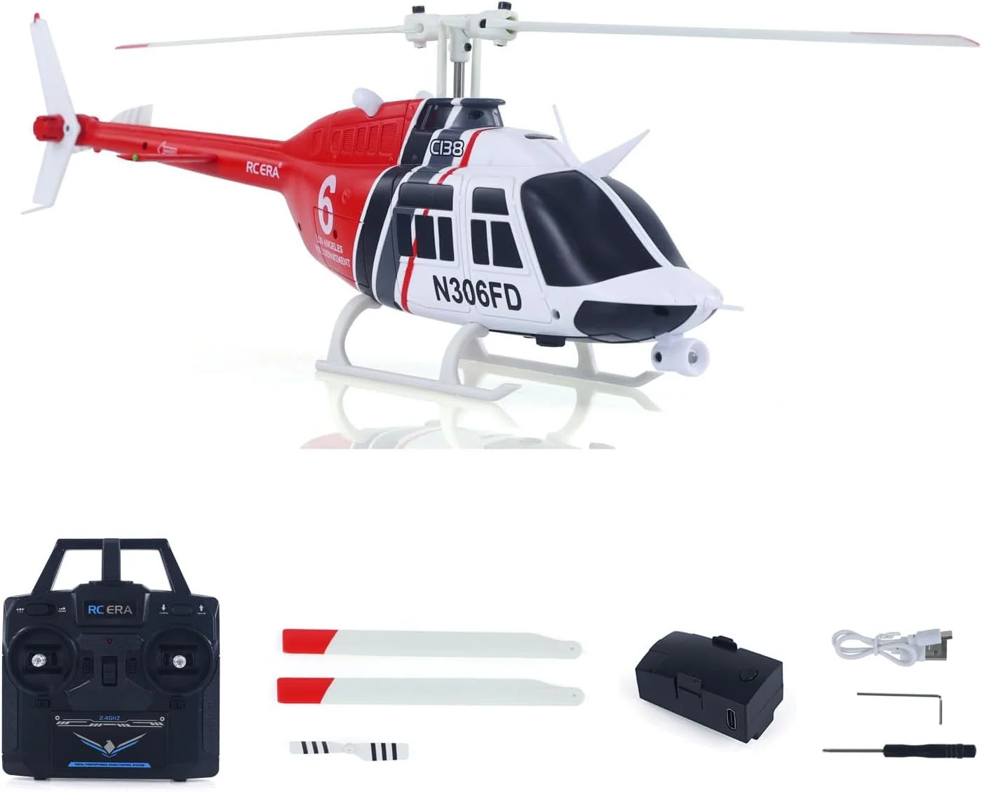 مدل هلیکوپتر شبیه سازی آرسی 1/33 C138 بل 206، هواپیمای بدلکاری کنترل رادیویی 6 کاناله، ژیروسکوپ 6 محوره، باتری، اسباب بازی هدیه بزرگسالان (قرمز، سفید و مشکی)