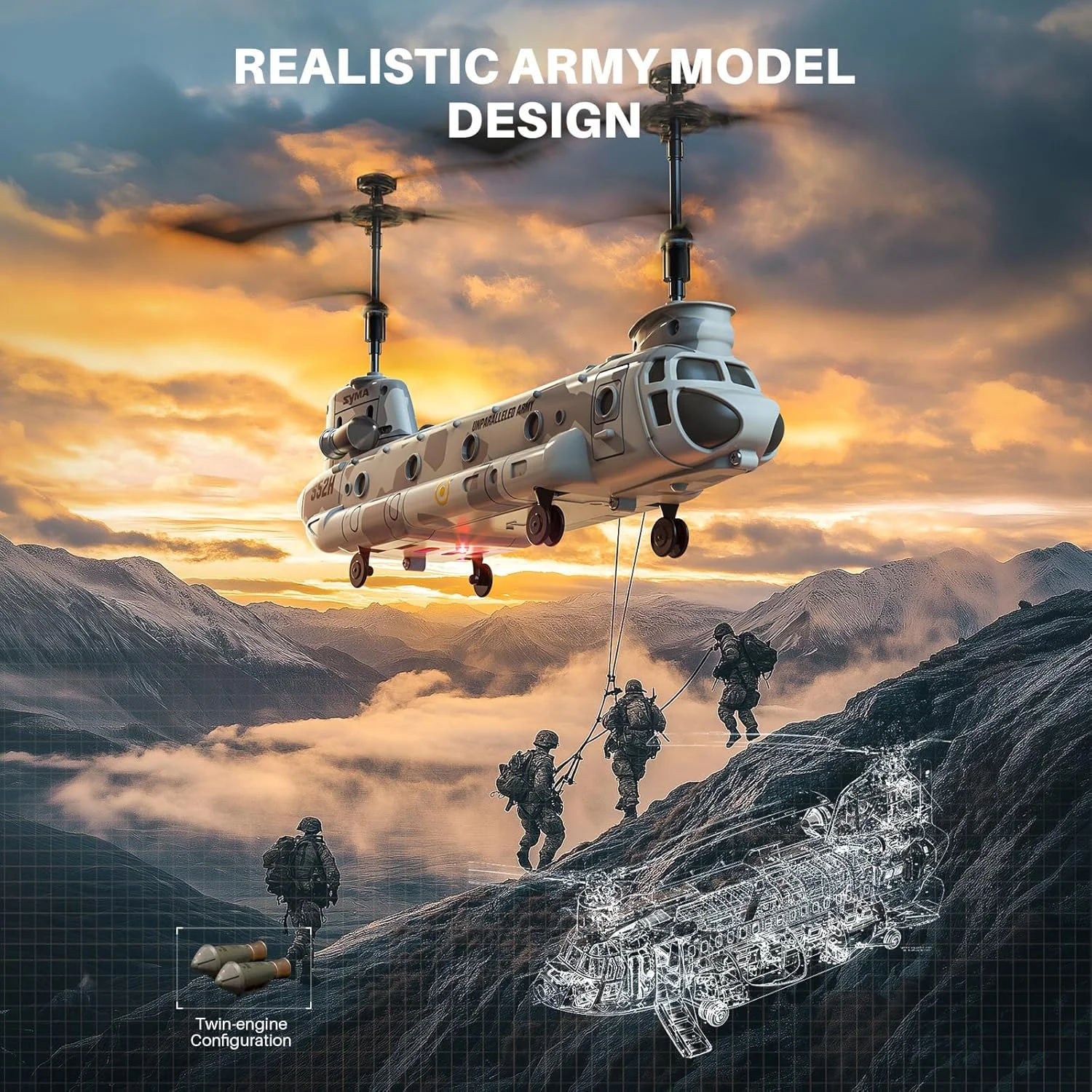 هلیکوپتر کنترلی SYMA مدل S52H، هلیکوپتر ترابری نظامی با قابلیت حفظ ارتفاع، تیک آف/لندینگ با یک کلید، چراغ LED، یادآوری باتری کم، اسباب بازی هلیکوپتر ارتشی برای کودکان و علاقه مندان به ارتش هلیکوپتر کنترلی SYMA مدل S52H، هلیکوپتر ترابری نظامی با قابلیت حفظ ارتفاع، تیک آف/لندینگ با یک کلید، چراغ LED، یادآوری باتری کم، اسباب بازی هلیکوپتر ارتشی برای کودکان و علاقه مندان به ارتش