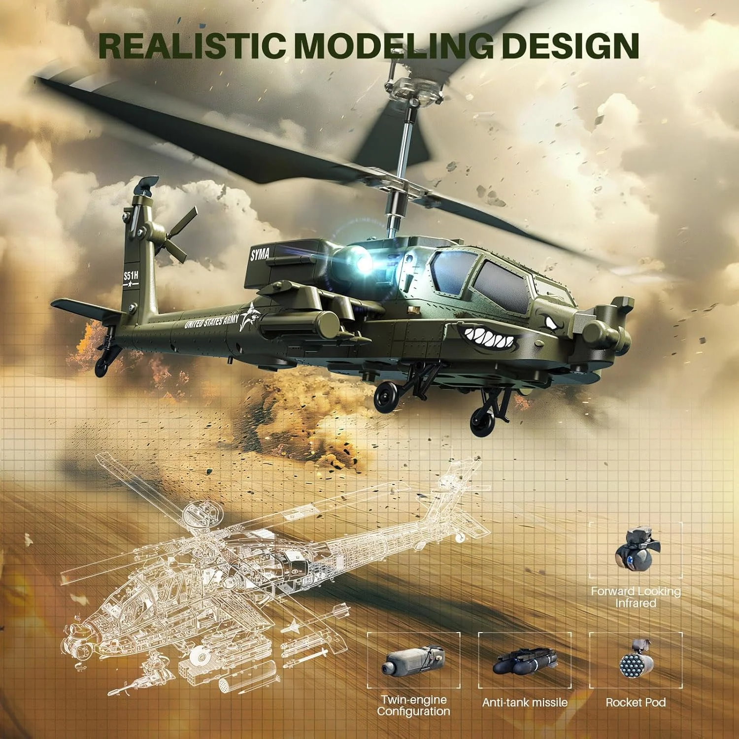 هلیکوپتر کنترلی SYMA مدل S51H، اسباب بازی ارتشی نظامی 2.4 گیگاهرتز برای پسران، دختران و کودکان با قابلیت حفظ ارتفاع، بلند شدن/فرود با یک کلید، چراغ LED و یادآوری کم بودن باتری هلیکوپتر کنترلی SYMA مدل S51H، اسباب بازی ارتشی نظامی 2.4 گیگاهرتز برای پسران، دختران و کودکان با قابلیت حفظ ارتفاع، بلند شدن/فرود با یک کلید، چراغ LED و یادآوری کم بودن باتری