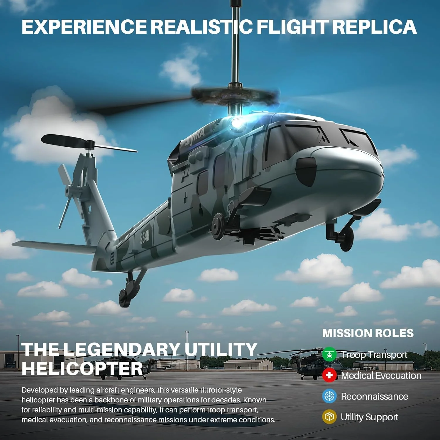 هلیکوپتر نظامی کنترلی SYMA مدل S54H برای کودکان - شروع/فرود با یک دکمه، حفظ ارتفاع، سیستم محافظت ارتقا یافته، اسباب بازی 3.5 کاناله برای پسران و دختران هلیکوپتر نظامی کنترلی SYMA مدل S54H برای کودکان - شروع/فرود با یک دکمه، حفظ ارتفاع، سیستم محافظت ارتقا یافته، اسباب بازی 3.5 کاناله برای پسران و دختران