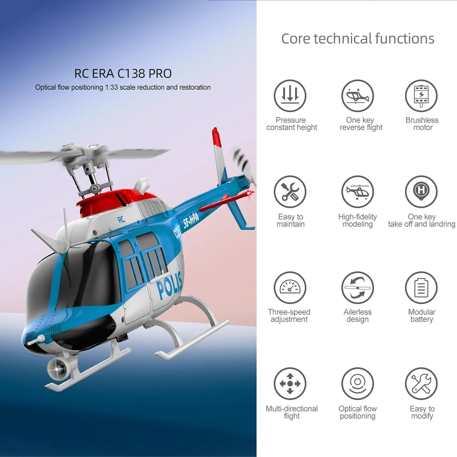 هلیکوپتر کنترلی C138Pro 206 برای بزرگسالان و مبتدیان، هلیکوپتر RC بدون ایلرون، 6 کانال، ژیروسکوپ 6 محوره، نگهدارنده فشار هوا، موقعیت یابی جریان نوری، قابلیت پرواز وارونه، چرخش 3D، RTF با 2 باتری