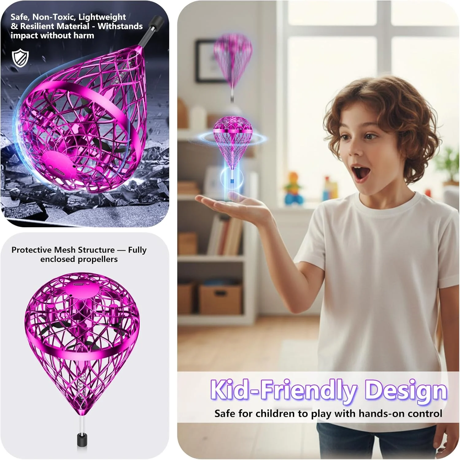 توپ پرنده سبک با کنترل حرکتی هوش مصنوعی و چرخش 360 درجه - پهپاد DropleapFly قابل شارژ Type-C برای کودکان و بزرگسالان، توپ چرخشی داخلی و خارجی با پروانه های محصور - هدیه برای پسران و دختران 6 سال به بالا