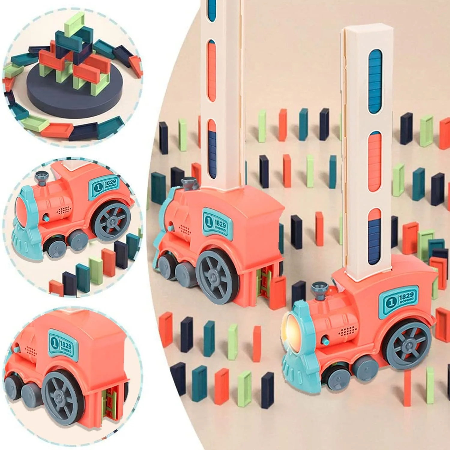 بلوک های ساختنی قطار دومینو AUTOYSUR مدل 123 تکه مناسب کودکان 3 تا 12 سال، ست قطار برقی با نور و صدا، سرگرمی خانوادگی (صورتی)