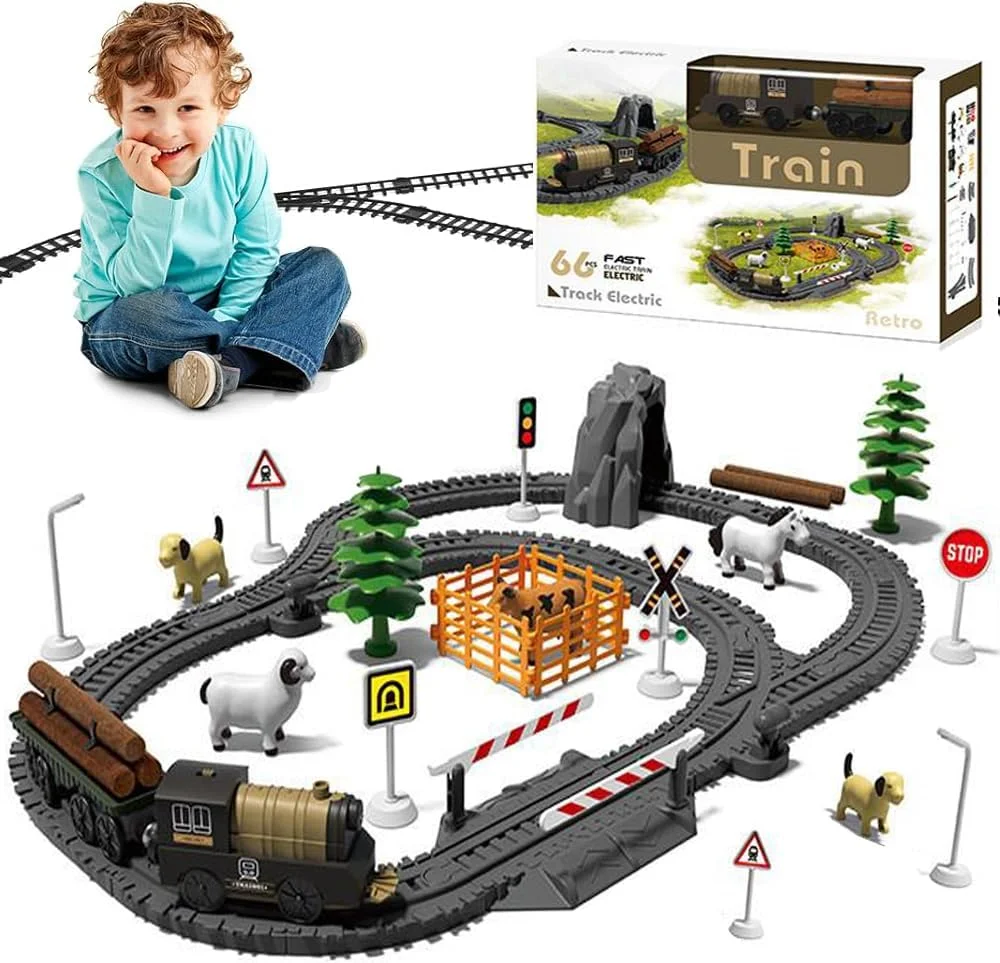 مجموعه قطار AM ANNA برای کودکان، مجموعه قطار برقی با واگن باربری و ریل های بلند، قطار اسباب بازی برای پسران و دختران با ریل قطار، اسباب بازی کودکان برای هدیه کودکان نوپا 3+ سال