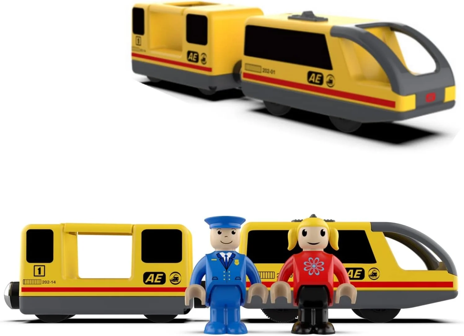 ست قطار باتری خور AM ANNA مناسب برای مسیرهای چوبی، اسباب بازی برای کودکان 3-5 ساله، اتصال مغناطیسی قطار بین شهری (واگن برقی زرد)