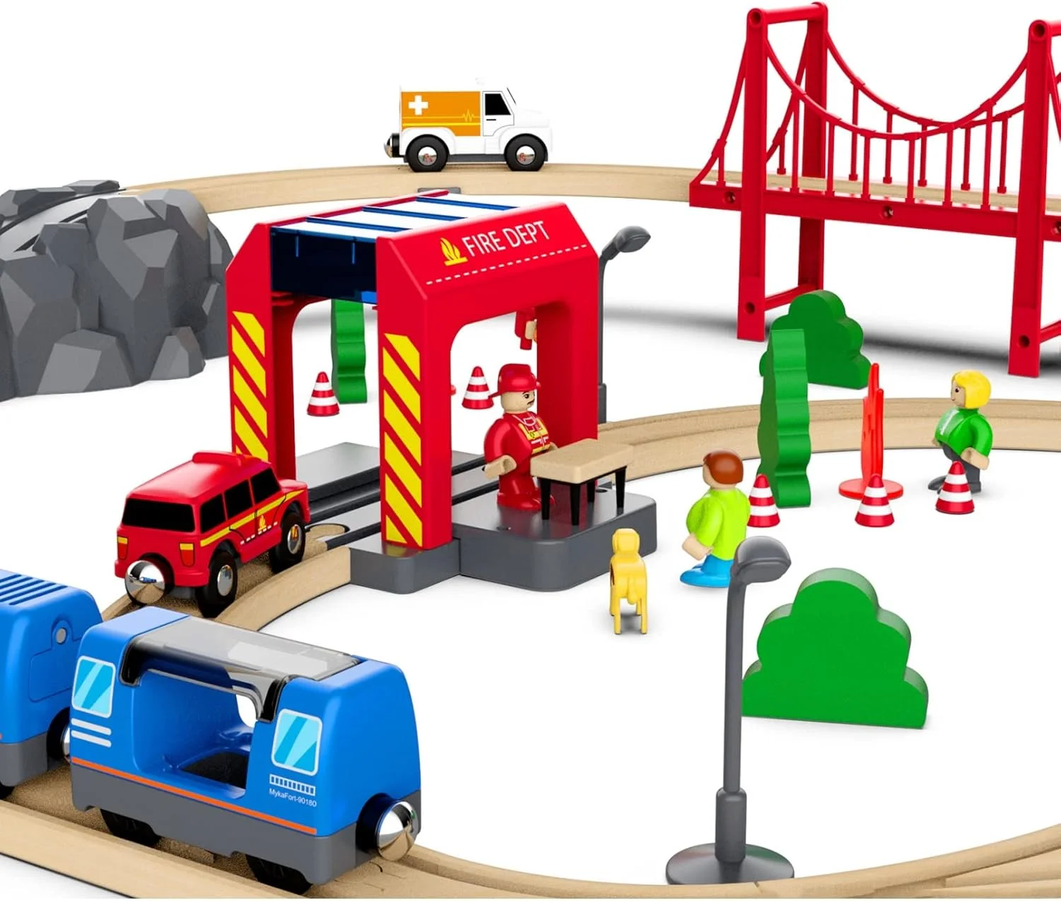 مجموعه قطار چوبی AM ANNA برای کودکان نوپا، 70 تکه با ریل های چوبی و لوکوموتیو باتری خور مناسب برای سایر قطارها، اسباب بازی قطار قابل تغییر و گسترش برای دختران و پسران 3، 4 و 5 ساله (مجموعه ریل چوبی 70 تکه)