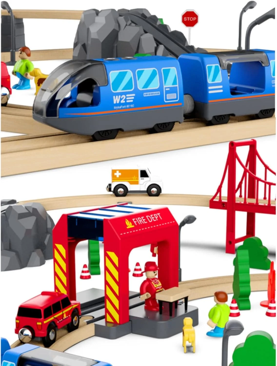 مجموعه قطار چوبی AM ANNA برای کودکان نوپا، 70 تکه با ریل های چوبی و لوکوموتیو باتری خور مناسب برای سایر قطارها، اسباب بازی قطار قابل تغییر و گسترش برای دختران و پسران 3، 4 و 5 ساله (مجموعه ریل چوبی 70 تکه)