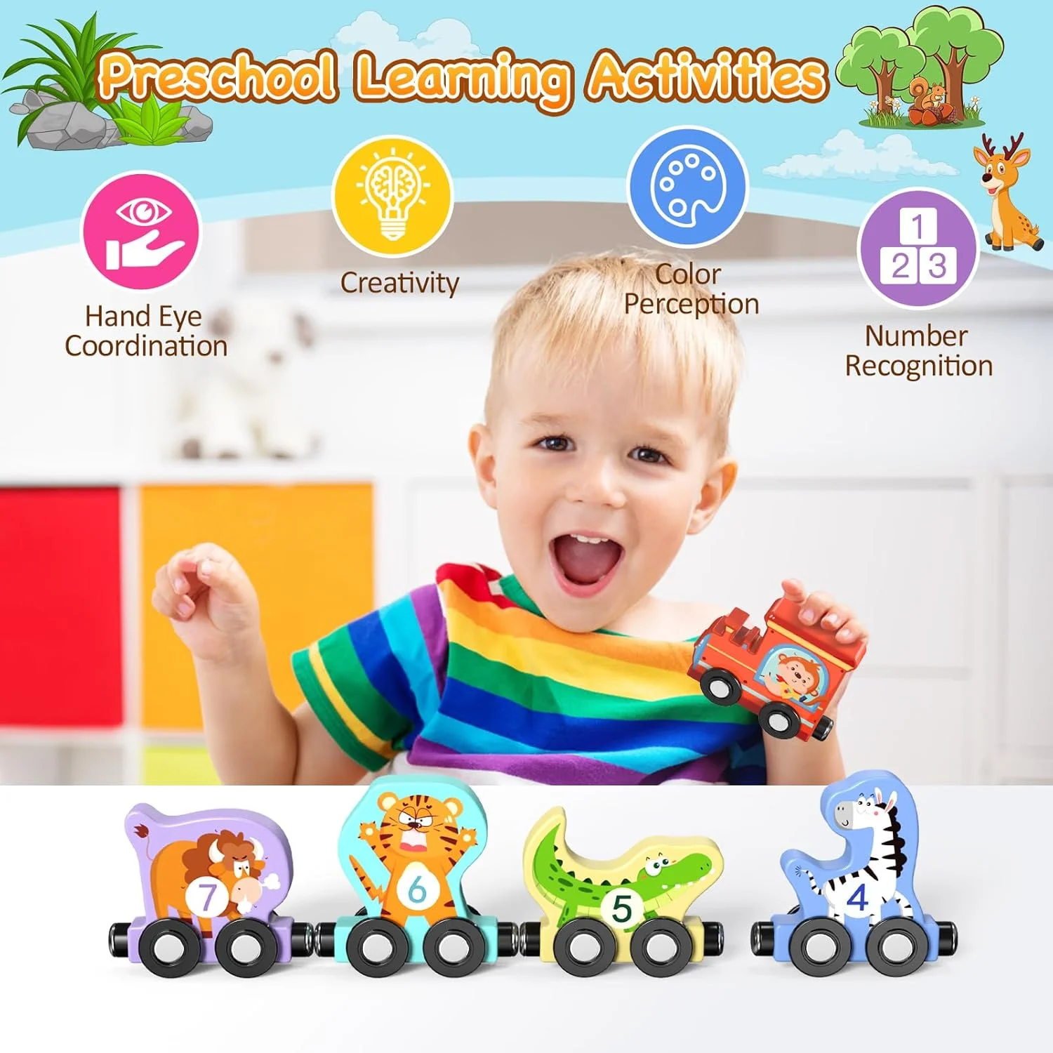 اسباب بازی برای کودکان نوپا، مجموعه قطار 11 حیوان چوبی مغناطیسی، اسباب بازی های مونته سوری برای کودکان نوپا، فعالیت های یادگیری پیش دبستانی برای کودکان، هدیه تولد برای پسران، دختران