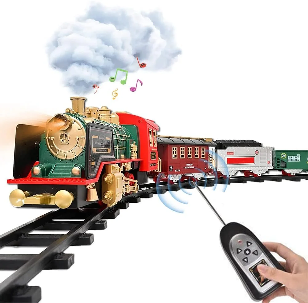 مجموعه قطار، اسباب بازی قطار برقی کنترلی شارژی به روز شده برای پسران و دختران با دود، چراغ ها و صدا، کیت های راه آهن با موتور لوکوموتیو بخار، واگن های باری و ریل، برای کودکان 3 4 5 6 7 8+ ساله