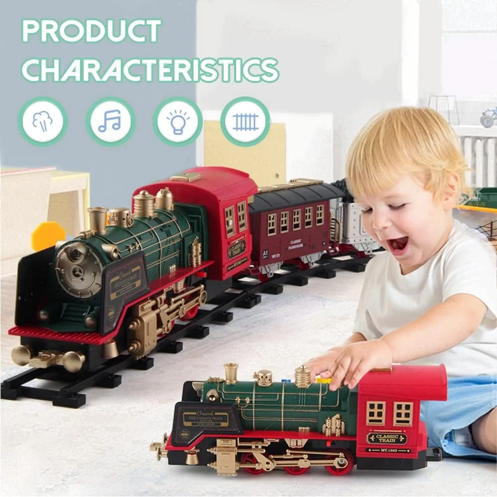 مجموعه قطار، اسباب بازی قطار برقی کنترلی شارژی به روز شده برای پسران و دختران با دود، چراغ ها و صدا، کیت های راه آهن با موتور لوکوموتیو بخار، واگن های باری و ریل، برای کودکان 3 4 5 6 7 8+ ساله