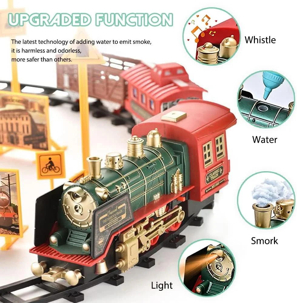 مجموعه قطار، اسباب بازی قطار برقی کنترلی شارژی به روز شده برای پسران و دختران با دود، چراغ ها و صدا، کیت های راه آهن با موتور لوکوموتیو بخار، واگن های باری و ریل، برای کودکان 3 4 5 6 7 8+ ساله