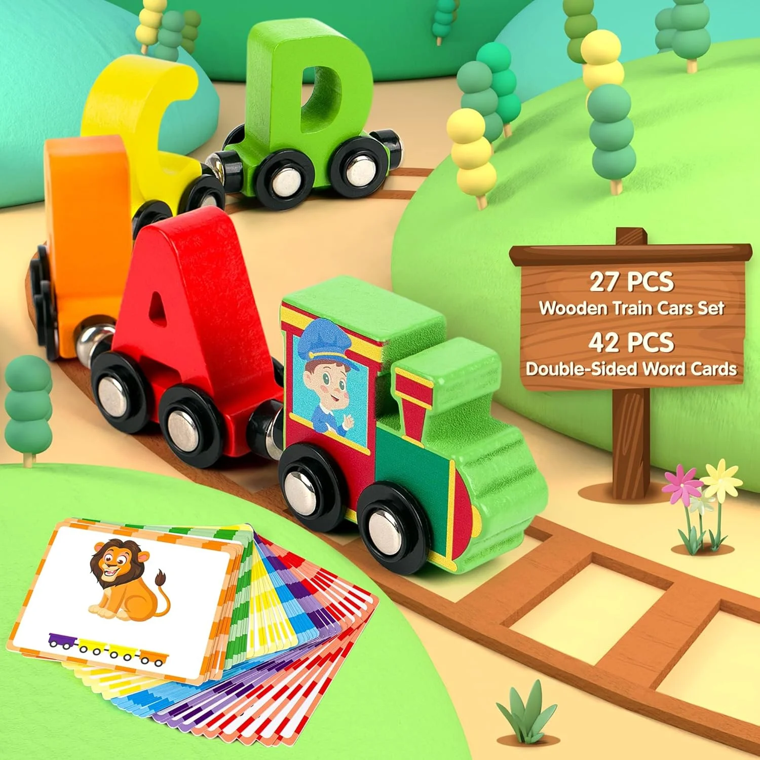 ست قطار الفبای چوبی مغناطیسی Vanmor شامل ۲۷ قطعه | قطار اسباب بازی آموزشی الفبا ABC به همراه ۴۲ کارت حافظه فلش، ۱ موتور و ۱ کیف نگهداری | مناسب برای پسران و دختران نوپا