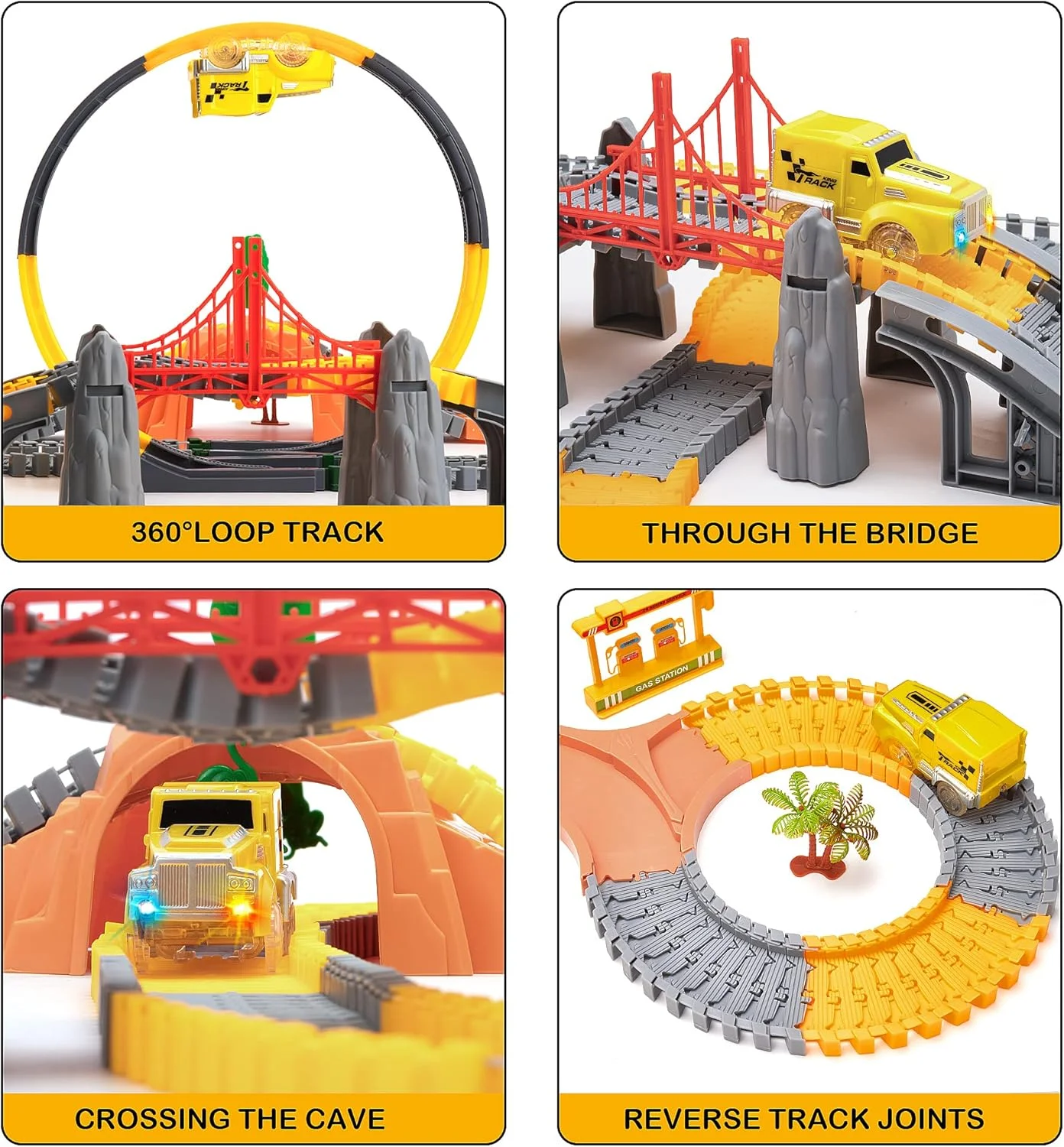 مجموعه اسباب بازی پیست مسابقه ساخت و ساز OR OR TU شامل 342 قطعه به همراه 2 ماشین مسابقه ای برقی، مسیرهای انعطاف پذیر 360 درجه، پل، تونل و کامیون های راه سازی - هدیه ای مناسب برای کودکان 3، 4، 5 و 6 سال به بالا
