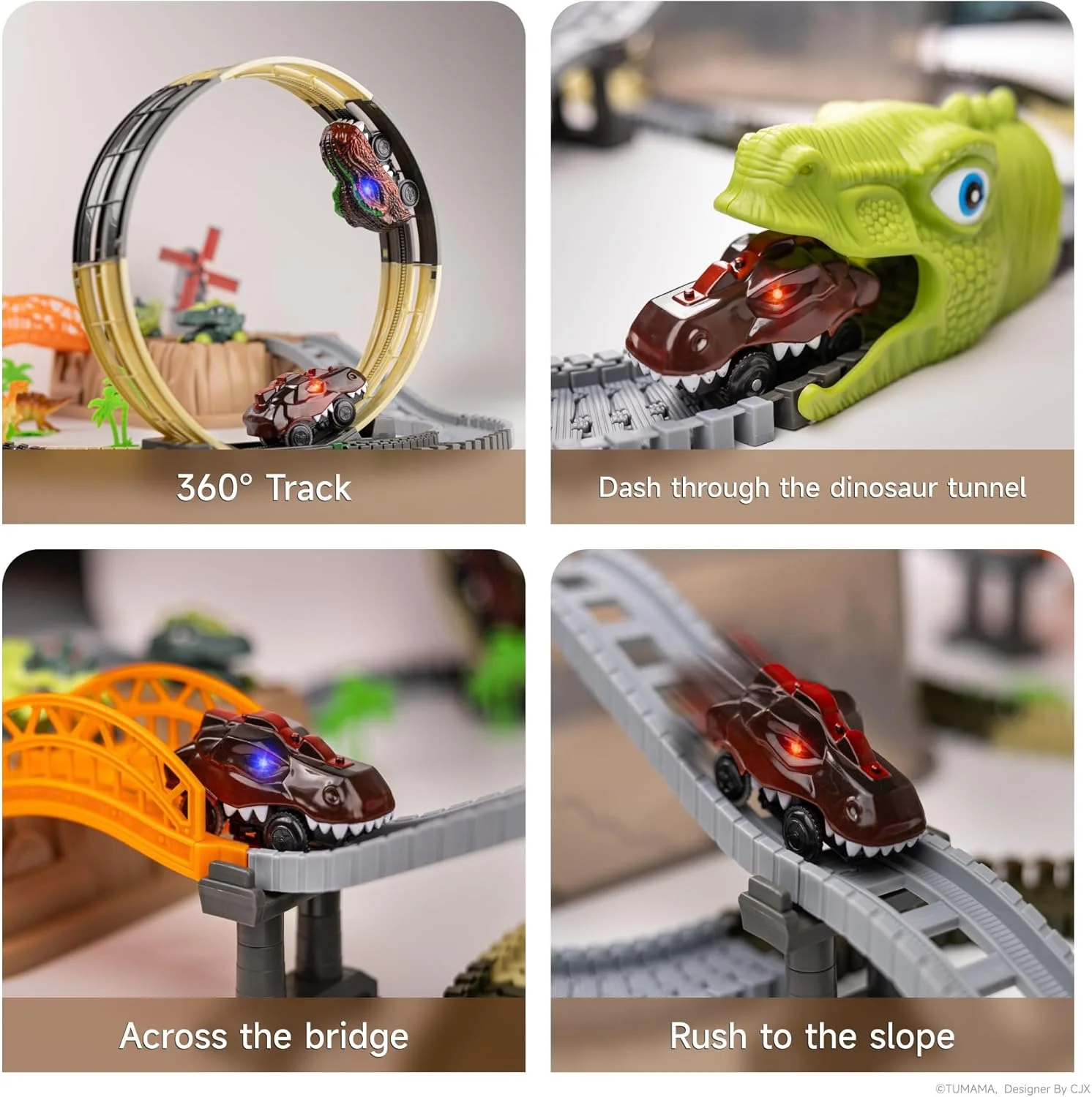 پیست مسابقه اسباب بازی دایناسور TUMAMA، 255 قطعه برای ایجاد یک دنیای دایناسوری، پیست های مسابقه جاده ای، پیست های قطار انعطاف پذیر با 3 فیگور دایناسور، 4 عدد ماشین دایناسور برای هدیه تولد پسران و دختران 3، 4، 5، 6 ساله