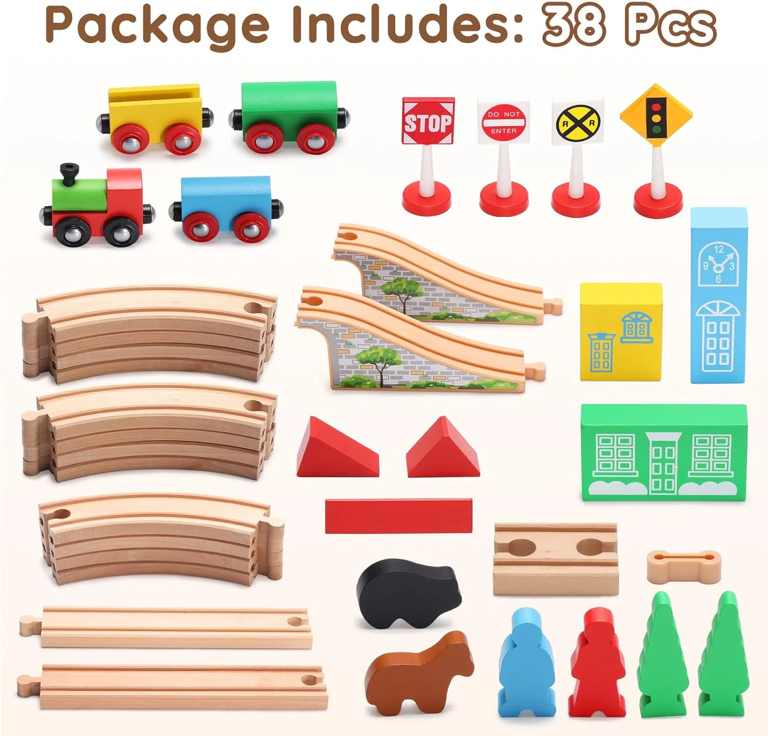 اسباب بازی ست قطار چوبی SainSmart Jr. با ریل های دو طرفه، قطارهای مغناطیسی و پل چوبی، 37 تکه، مناسب کودکان نوپا