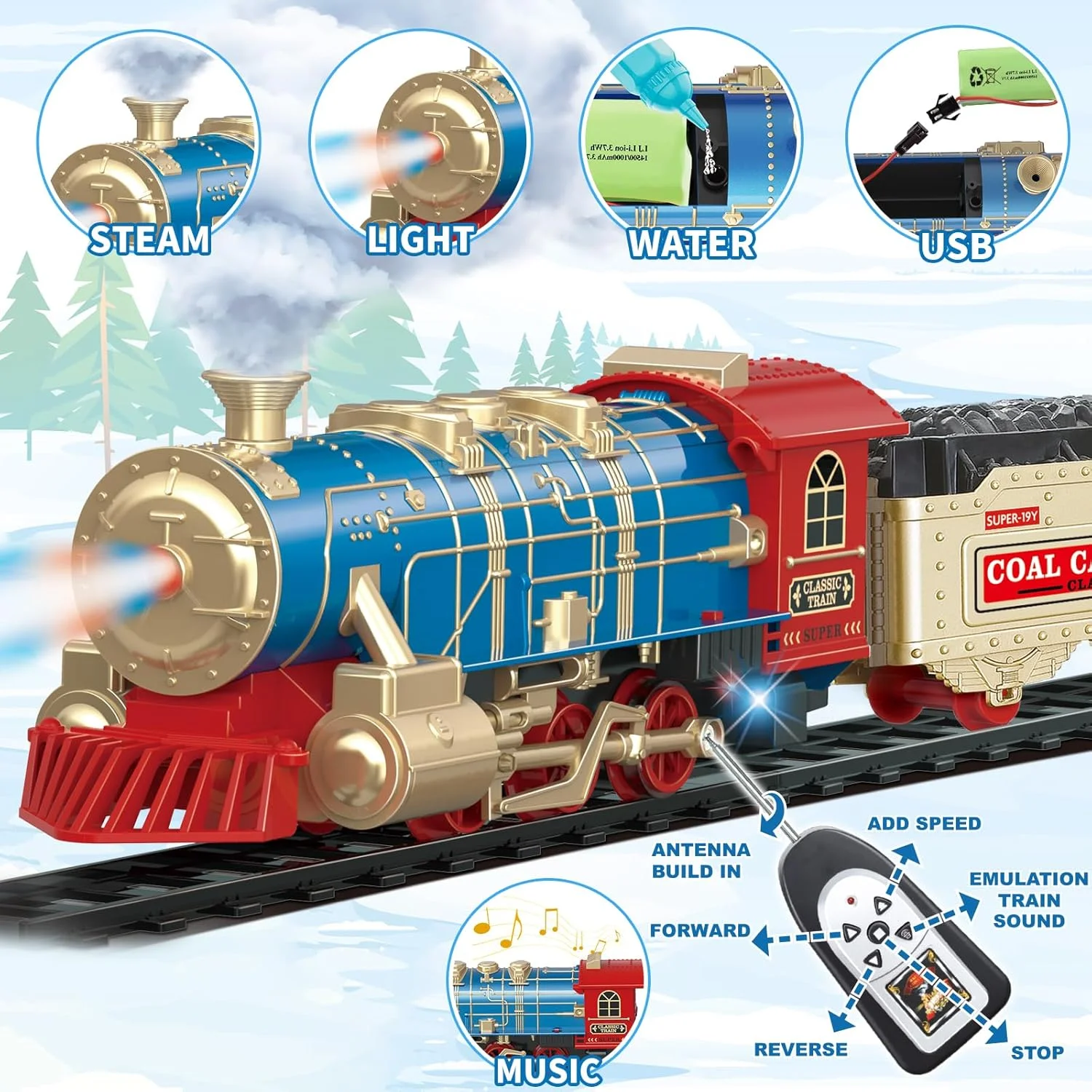 ست قطار برقی کودکان - ست قطار آبی با کنترل از راه دور به همراه دود، صداها و چراغ ها - قابل شارژ برای درخت کریسمس - اسباب بازی قطار هدیه برای پسران 3 تا 8 ساله