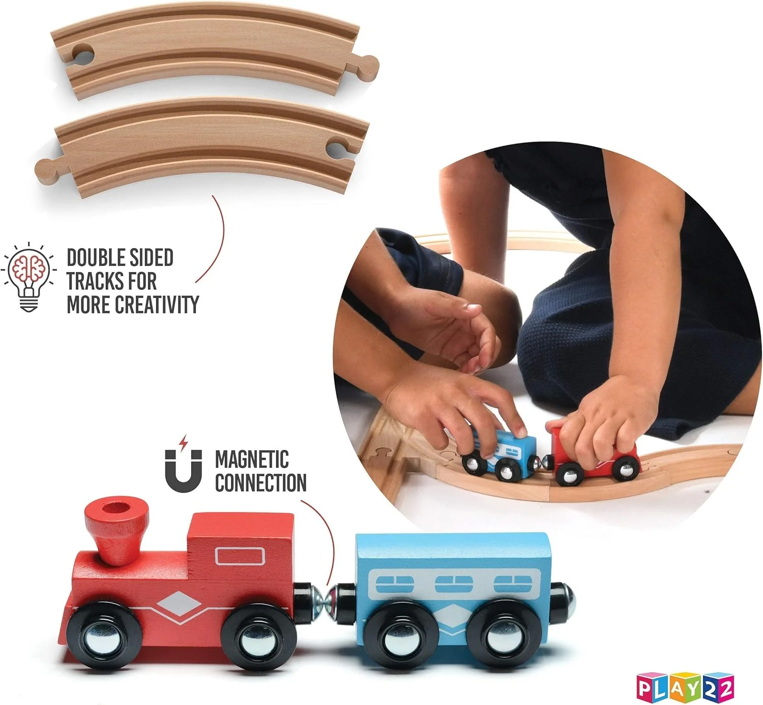 پیست قطار چوبی پلی۲۲ - مجموعه ۵۲ تکه قطار چوبی + ۲ قطار اسباب بازی جایزه - مجموعه قطار برای کودکان - اسباب بازی قطار ماشینی با سیستم های راه آهن چوبی توماس و تمام برندهای اصلی سازگار است - اورجینال