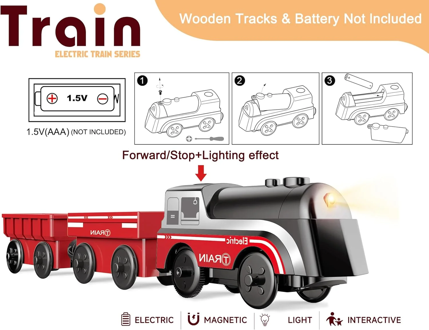 قطار باتری خور Z MAYABBO برای ریل چوبی، قطار موتوری برای کودکان نوپا 3+ سال، مجموعه اسباب بازی قطار 3 عددی قطار برقی سازگار با Brio، Chuggington، Melissa and Doug
