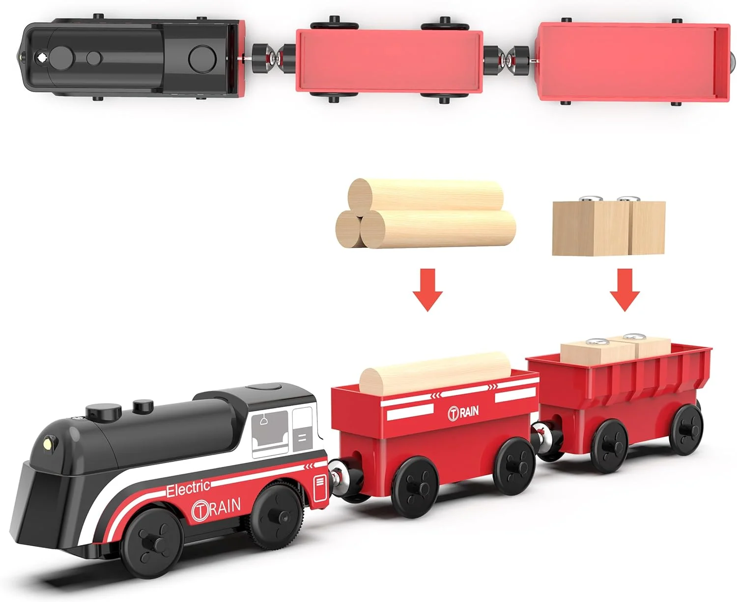 قطار باتری خور Z MAYABBO برای ریل چوبی، قطار موتوری برای کودکان نوپا 3+ سال، مجموعه اسباب بازی قطار 3 عددی قطار برقی سازگار با Brio، Chuggington، Melissa and Doug