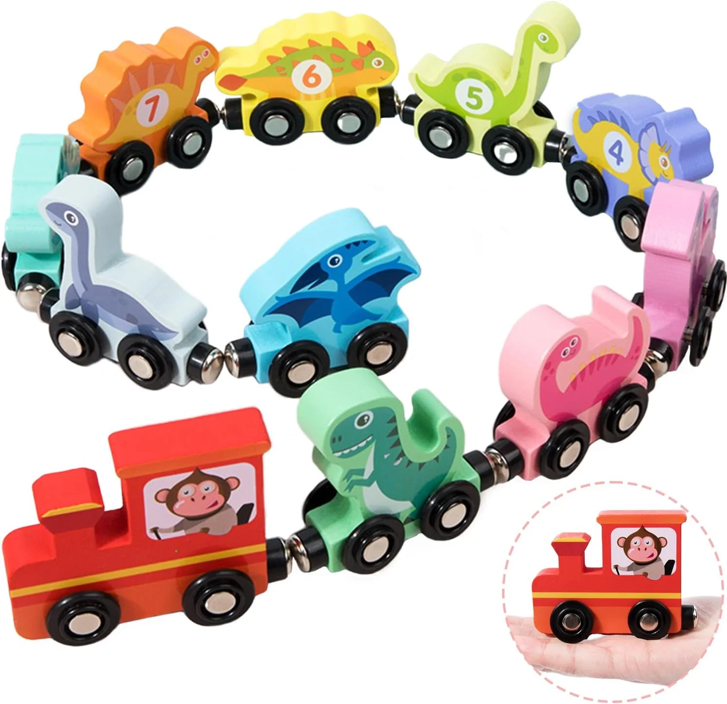 مجموعه قطار چوبی با اسباب بازی های دایناسور، قطار دایناسور با اتصال آسان، اسباب بازی های آموزشی قطار اعداد مغناطیسی و تطبیقی، هدیه اسباب بازی آموزشی مهارت های حرکتی ظریف برای کودکان 3، 4 و 5 ساله