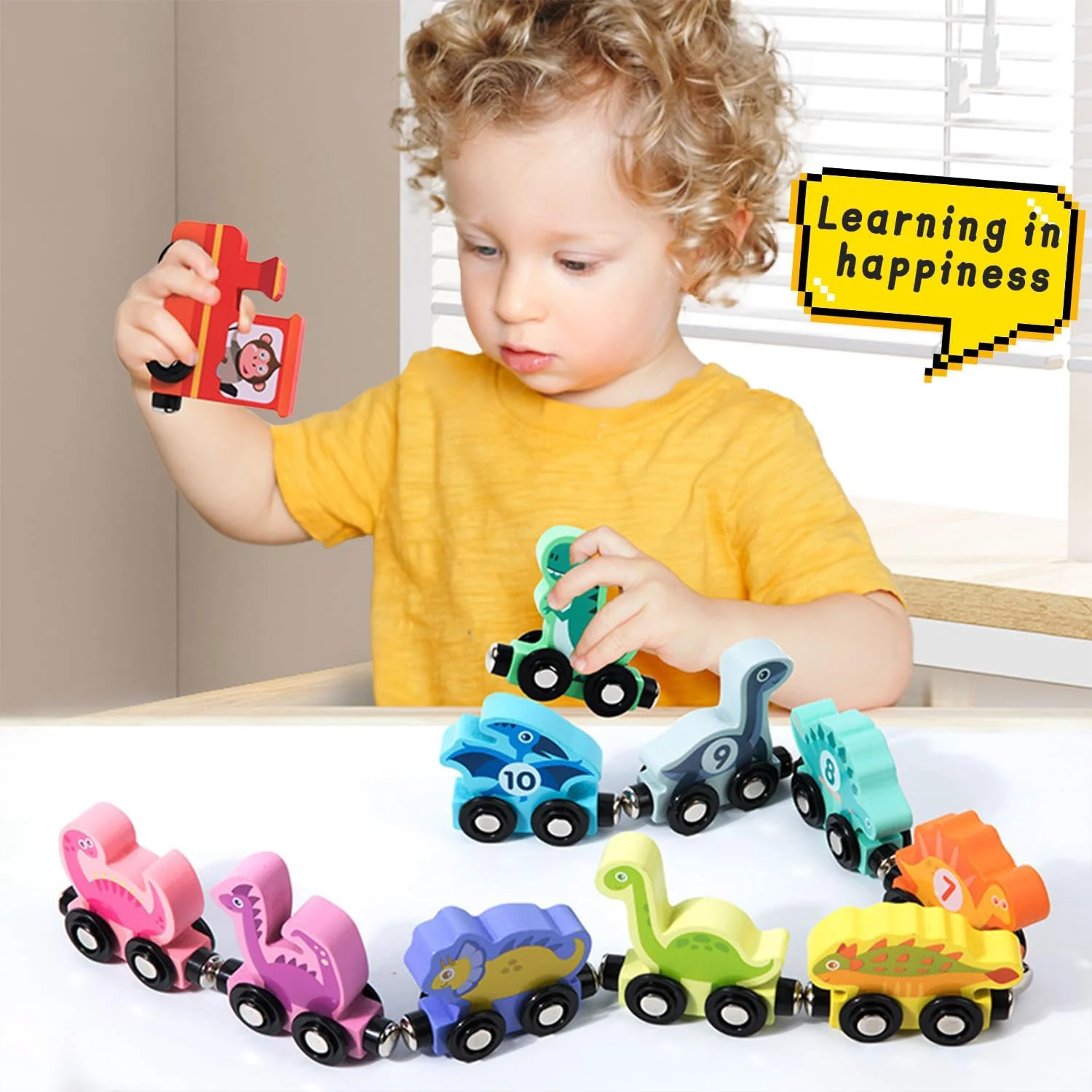 مجموعه قطار چوبی با اسباب بازی های دایناسور، قطار دایناسور با اتصال آسان، اسباب بازی های آموزشی قطار اعداد مغناطیسی و تطبیقی، هدیه اسباب بازی آموزشی مهارت های حرکتی ظریف برای کودکان 3، 4 و 5 ساله