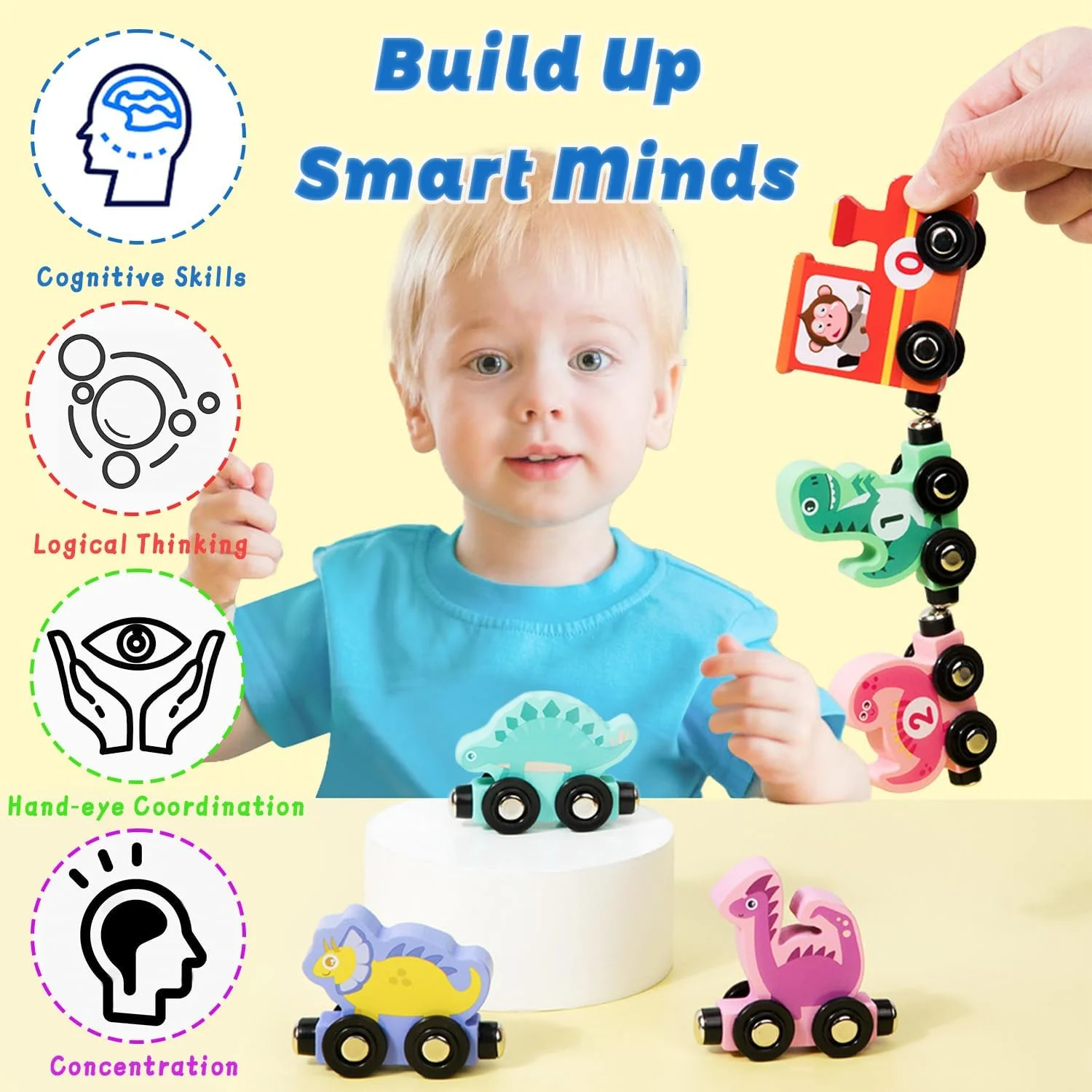 مجموعه قطار چوبی با اسباب بازی های دایناسور، قطار دایناسور با اتصال آسان، اسباب بازی های آموزشی قطار اعداد مغناطیسی و تطبیقی، هدیه اسباب بازی آموزشی مهارت های حرکتی ظریف برای کودکان 3، 4 و 5 ساله