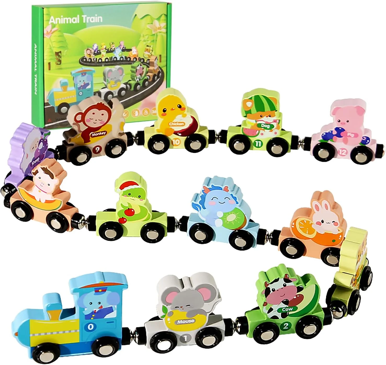 اسباب بازی کودکان، مجموعه قطار چوبی مغناطیسی 13 عددی حیوانات، قطار حیوانات با اتصال آسان، فعالیت های آموزشی برای کودکان، هدیه تولد برای پسران و دختران