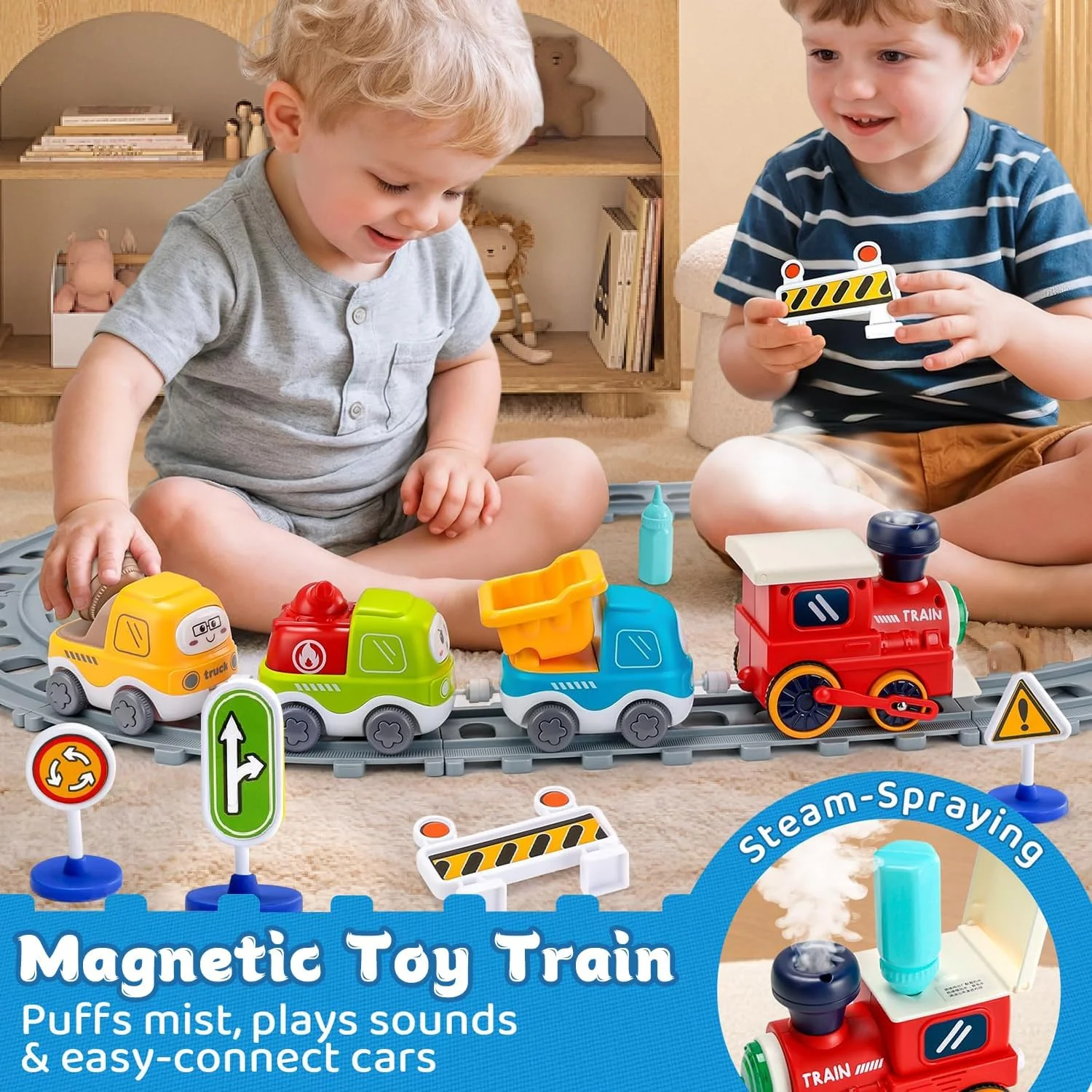 اسباب بازی قطار برقی کودکانه با قابلیت پخش بخار، نور و موسیقی، به همراه ریل. هدیه تولد و کریسمس برای کودکان 3، 4، 5 و 6 ساله