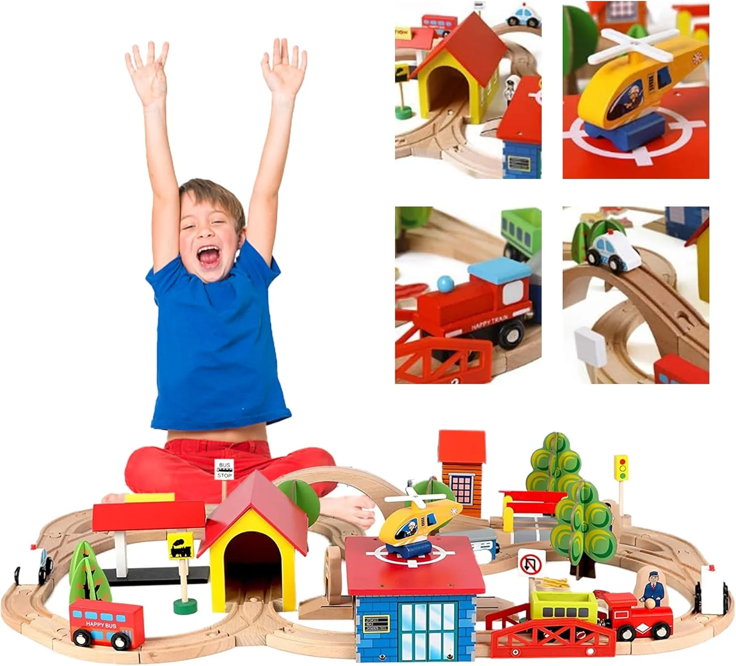 مجموعه قطار - 69 قطعه ریل و قطار چوبی برای کودکان، پسران و دختران نوپا 3، 4، 5 ساله و بالاتر - اسباب بازی های ساختنی چوبی درجه یک (69 قطعه)