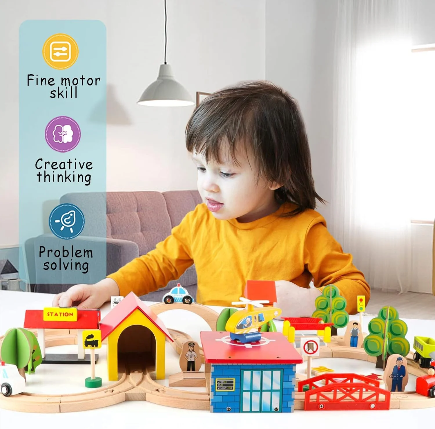 مجموعه قطار - 69 قطعه ریل و قطار چوبی برای کودکان، پسران و دختران نوپا 3، 4، 5 ساله و بالاتر - اسباب بازی های ساختنی چوبی درجه یک (69 قطعه)