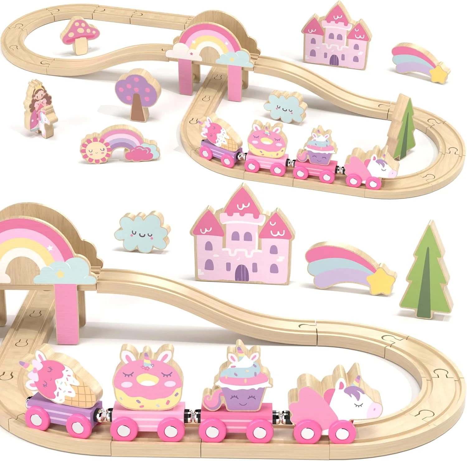 مجموعه قطار چوبی Lehoo Castle، ریل های چوبی با اتصال مغناطیسی قطارهای تک شاخ برای پسران و دختران، اسباب بازی های مسیر قطار چوبی برای دختران 4-6 ساله (صورتی)