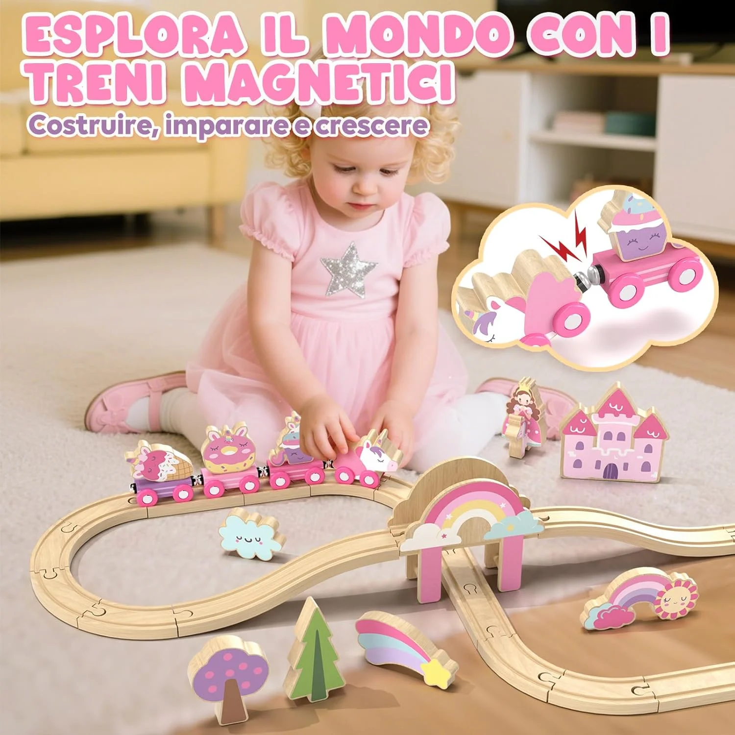 مجموعه قطار چوبی Lehoo Castle، ریل های چوبی با اتصال مغناطیسی قطارهای تک شاخ برای پسران و دختران، اسباب بازی های مسیر قطار چوبی برای دختران 4-6 ساله (صورتی)