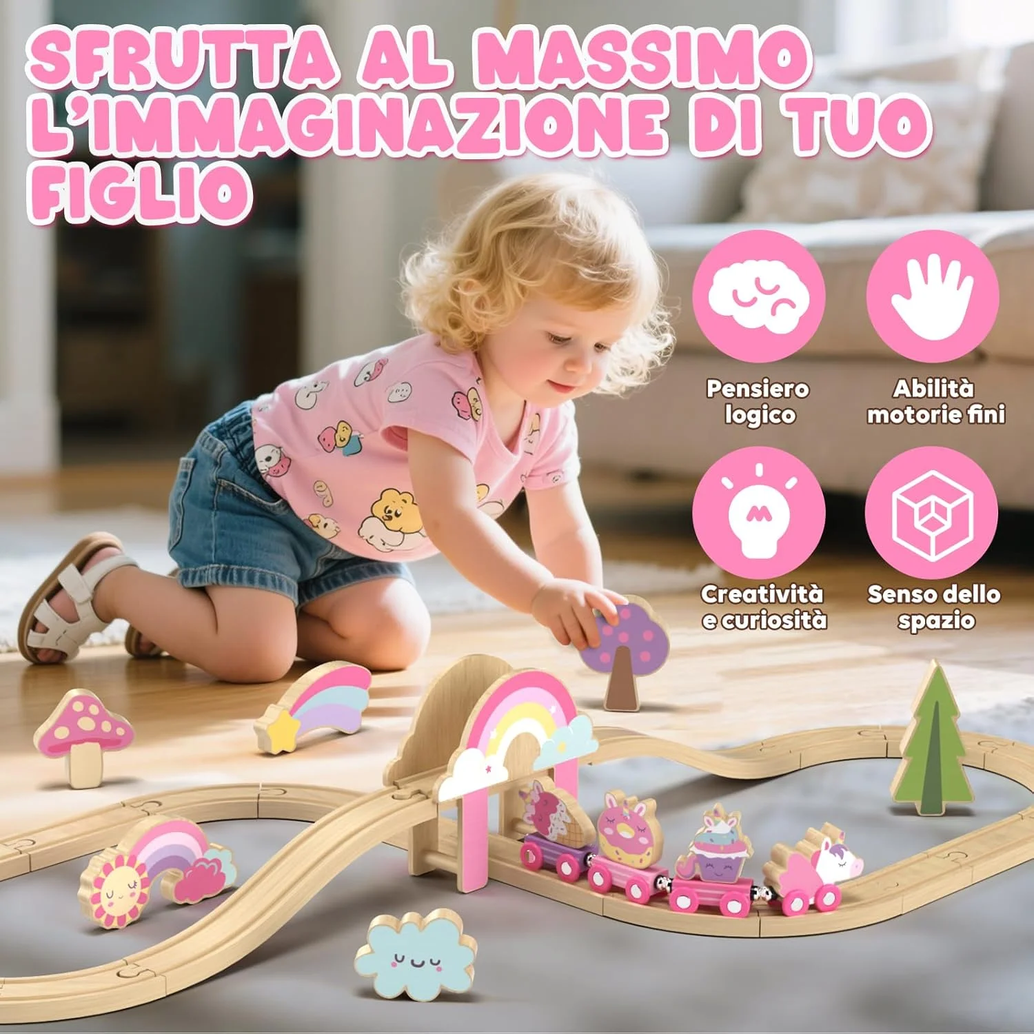 مجموعه قطار چوبی Lehoo Castle، ریل های چوبی با اتصال مغناطیسی قطارهای تک شاخ برای پسران و دختران، اسباب بازی های مسیر قطار چوبی برای دختران 4-6 ساله (صورتی)