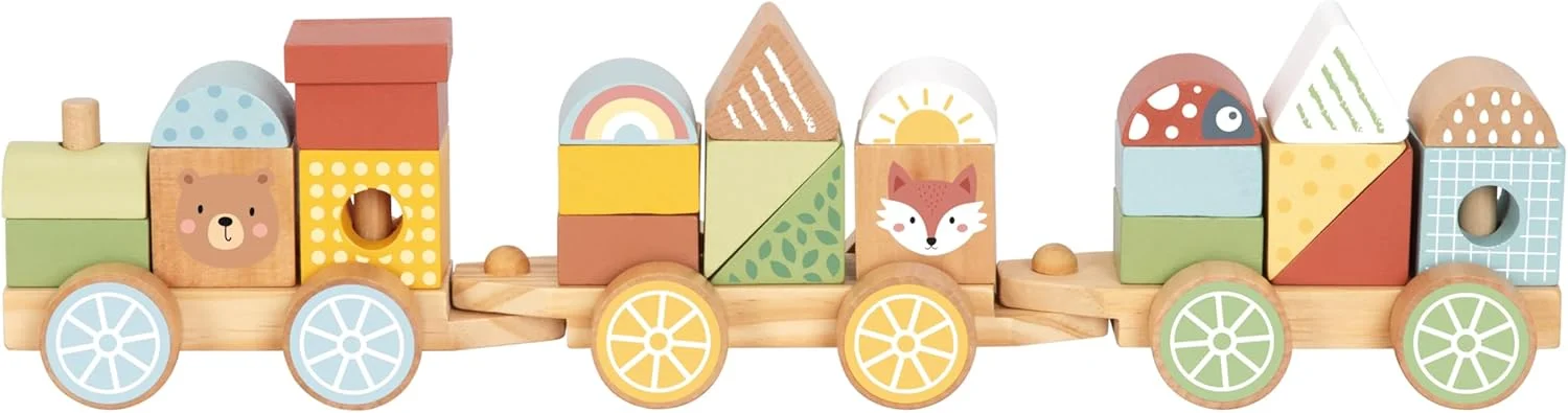 قطار چوبی چیدنی با 22 بلوک و اشکال چیدنی چاپی زیبا. هدیه برای نوزاد و کودک نوپا 18 ماهه به بالا. اسباب بازی قطار چوبی برای پسران، دختران، کودکان نوپا. اسباب بازی چیدنی مونته سوری