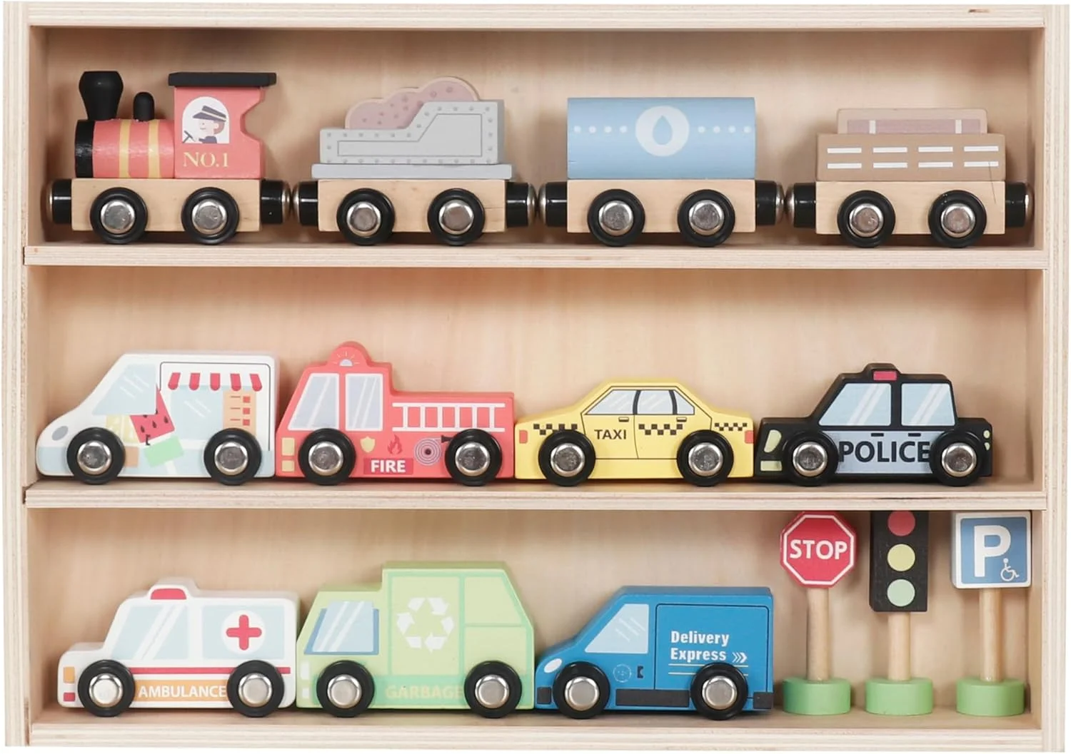 مجموعه ماشین و قطار چوبی با زیرانداز بازی، 16 تکه، ماشین ها، قطار با واگن و علائم راهنمایی و رانندگی، اسباب بازی و هدیه برای پسران، دختران و کودکان نوپا، ماشین ها و قطارهای چوبی، آمبولانس، ماشین پلیس