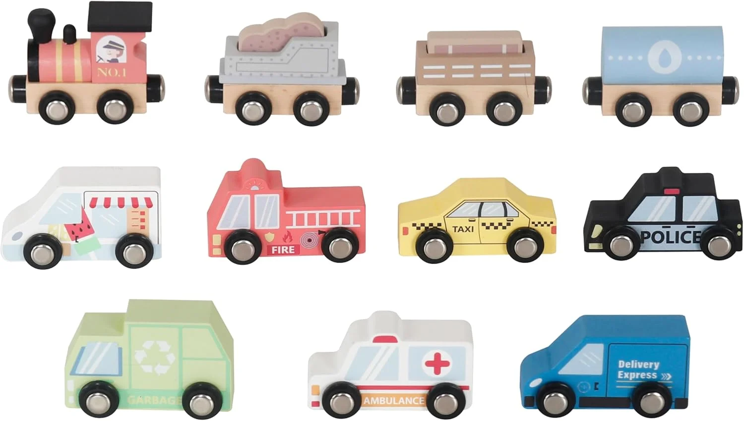 مجموعه ماشین و قطار چوبی با زیرانداز بازی، 16 تکه، ماشین ها، قطار با واگن و علائم راهنمایی و رانندگی، اسباب بازی و هدیه برای پسران، دختران و کودکان نوپا، ماشین ها و قطارهای چوبی، آمبولانس، ماشین پلیس