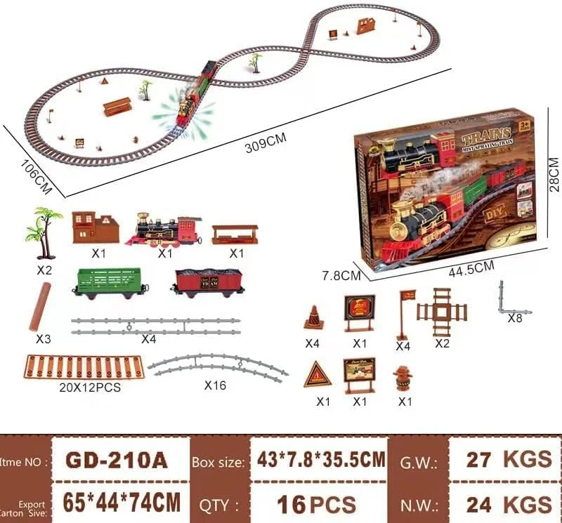 مجموعه قطار با موتور لوکوموتیو بخار، واگن باربری و مسیر طولانی برای کودکان نوپا 3-5 ساله، اسباب بازی قطار شارژی با دود، نور و صدا، هدیه برای کودکان، پسران و دختران 4-7 ساله