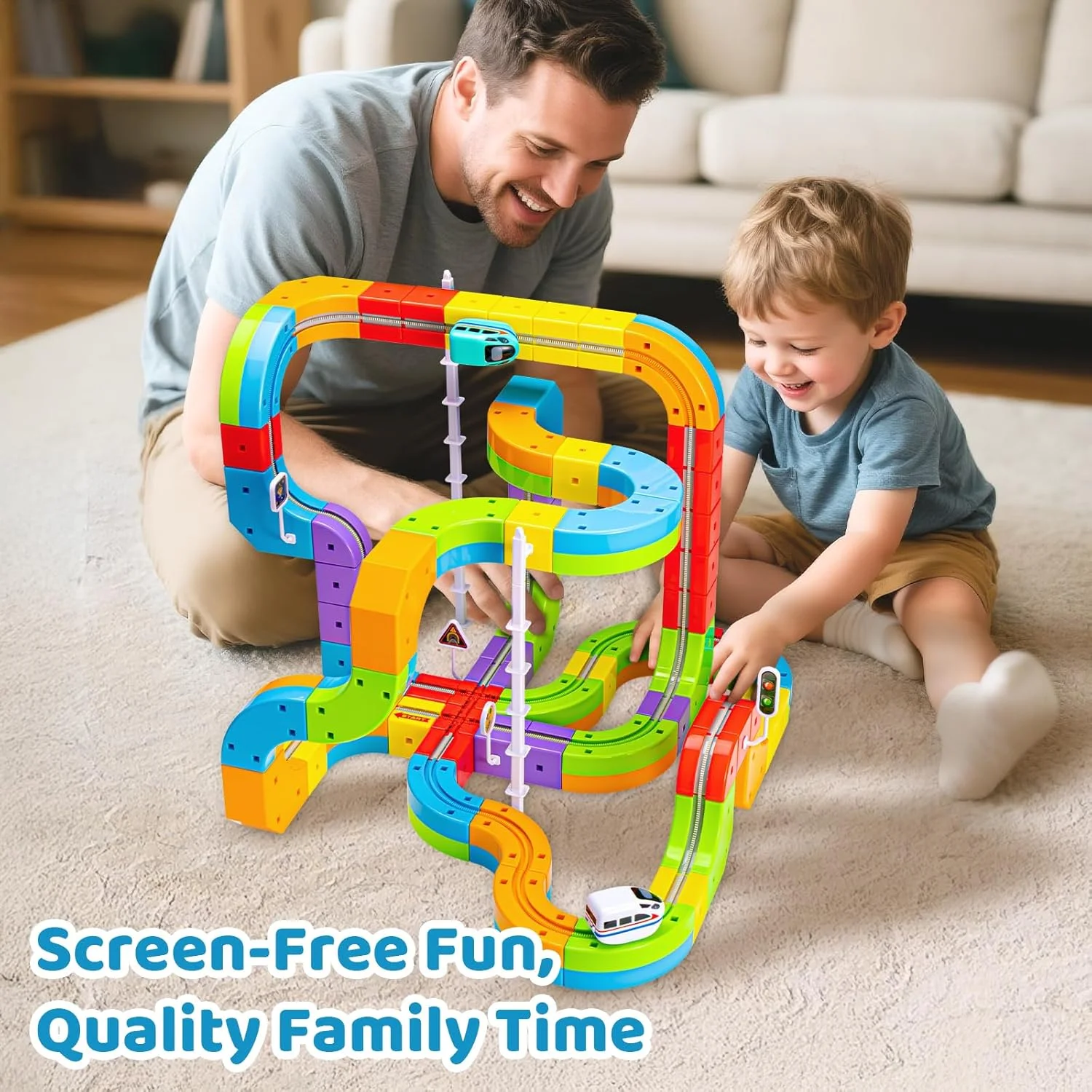 مجموعه قطار برقی KlickRail، مسیر مسابقه انعطاف پذیر برای کودکان 4، 6، 7، 8 ساله، مجموعه 88 قطعه مسیر ماشین برای کودکان نوپا 3-5 ساله، اسباب بازی ساختنی مسیر قطار با طرح های سه بعدی و ماشین موتوری، هدیه آموزشی STEM