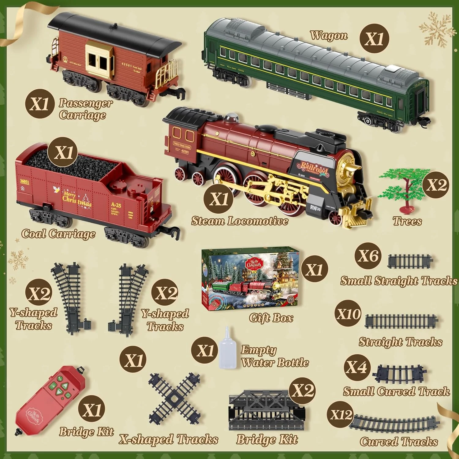 قطار اسباب بازی برقی JONRRYIN، قطار برقی درخت کریسمس، قطار کریسمس با ریل، بخار، نور و صدا، قطار بخار هدیه درخت کریسمس برای کودکان