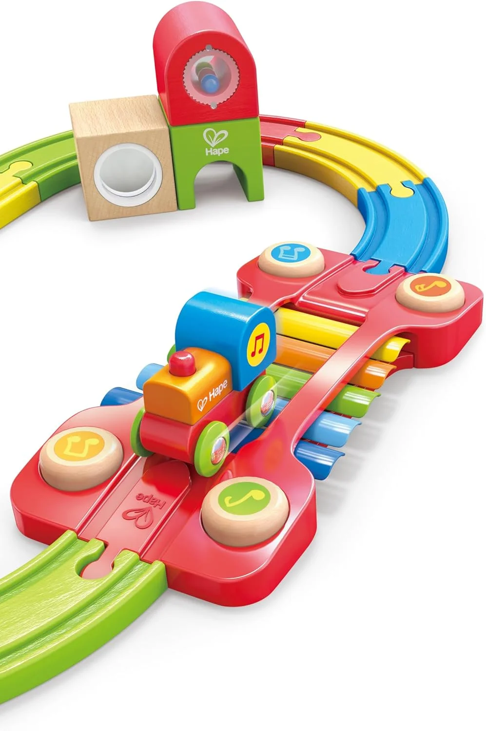 مدار راه‌آهن حسی Hape | مجموعه قطار چوبی رنگارنگ با لوازم جانبی، اسباب بازی قطار موزیکال کودکانه با زیلوفون داخلی، جغجغه و بلوک آینه ای، چند رنگ