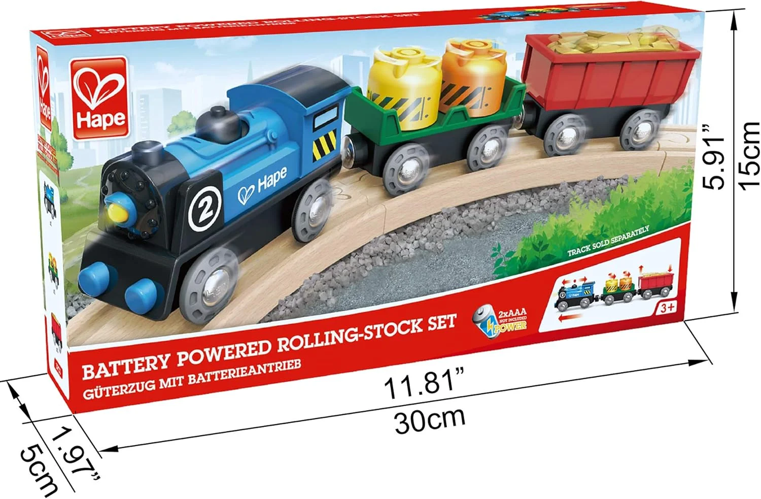 مجموعه لوکوموتیو باتری خور Hape | مجموعه قطار چوبی رنگارنگ، لوکوموتیو با باتری و چراغ کارکرد، چند رنگ، طول: 29، عرض: 3.5، ارتفاع: 5 سانتیمتر