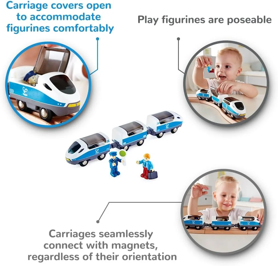 اسباب بازی قطار بین شهری Hape E3728، مجموعه اسباب بازی قطار کودکانه با لوازم جانبی، 3 واگن مغناطیسی باز/بسته شو، شامل آدمک مسافر و راننده، چند رنگ، 27x3.8x5 سانتی متر، بسته 7 عددی