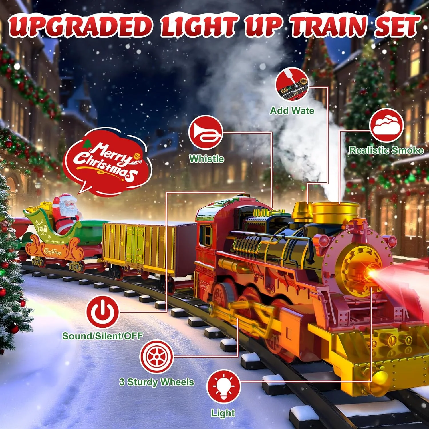 ست قطار آویز کریسمس با نور، دود، صدا و موسیقی، ست قطار اسباب بازی دور زیر درخت کریسمس، هدیه اسباب بازی کریسمس با بابانوئل، ست قطار درخت کریسمس برای کودکان نوپا 2-4 3-5 4-8