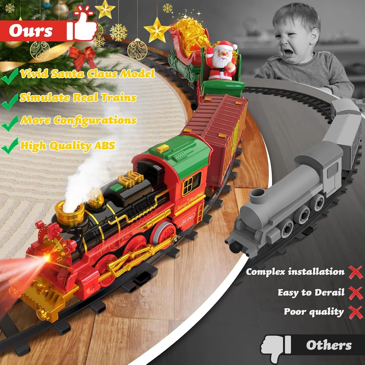 ست قطار آویز کریسمس با نور، دود، صدا و موسیقی، ست قطار اسباب بازی دور زیر درخت کریسمس، هدیه اسباب بازی کریسمس با بابانوئل، ست قطار درخت کریسمس برای کودکان نوپا 2-4 3-5 4-8