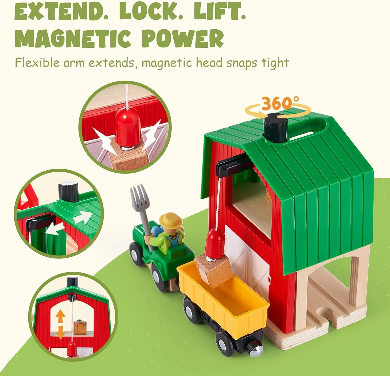 مجموعه قطار مزرعه چوبی 42 تکه برای کودکان نوپا، مسیر راه آهن قطار با باتری با پل، انبار، حیوانات، بار تراکتور، سازگار با اکثر برندها، هدیه اسباب بازی برای کودکان پسر و دختر 3-8 ساله