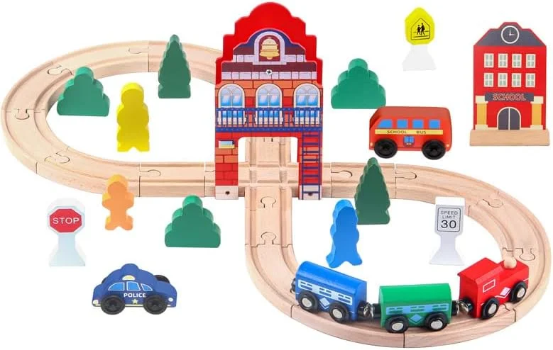 مجموعه اسباب بازی آموزشی مسیر قطار کودکان هالایایا، 36 قطعه مسیر قطار چوبی و لوازم جانبی برای کودکان، پسران و دختران نوپا، شامل جعبه نگهداری