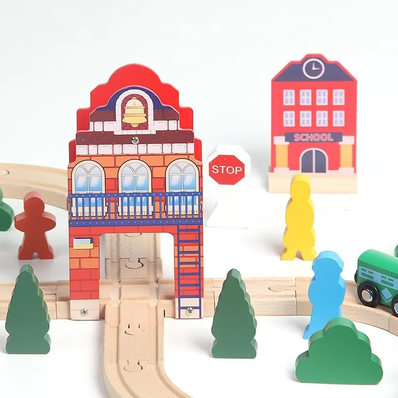 مجموعه اسباب بازی آموزشی مسیر قطار کودکان هالایایا، 36 قطعه مسیر قطار چوبی و لوازم جانبی برای کودکان، پسران و دختران نوپا، شامل جعبه نگهداری